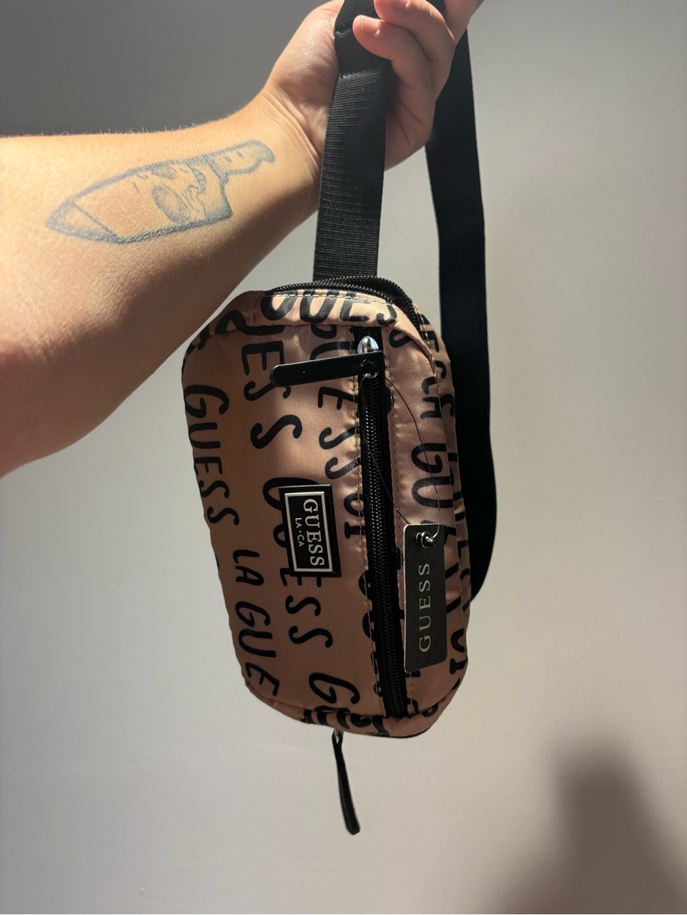 Guess Beige Logo Print Crossbody Sling Bag with Black Trim